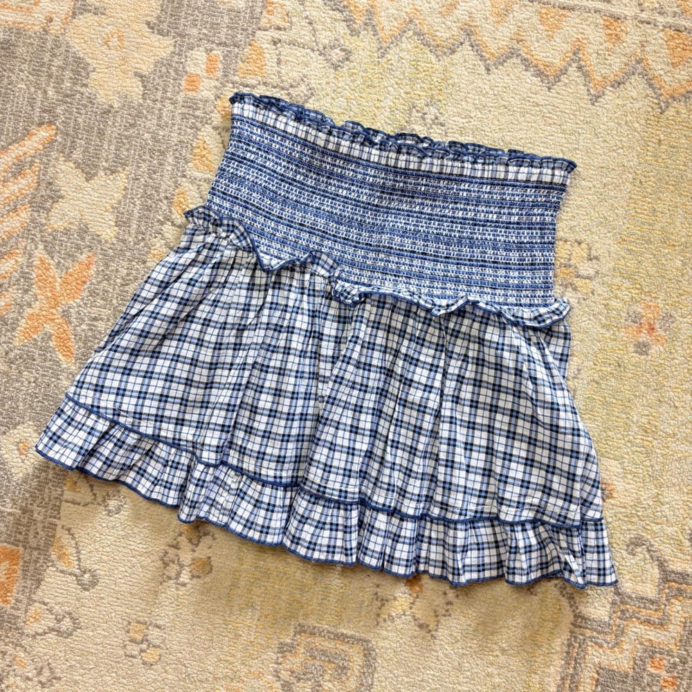 Maeve Anthropologie Plaid Smocked Mini Skirt Blue White Ruffle Tiered XS NEW - Picture 4 of 10